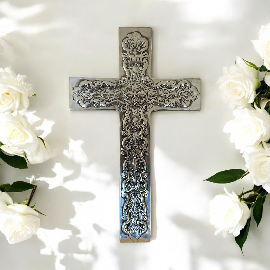 mexican wall cross, mexican wall crucifix, pewter wall cross, silver wall crosses, ornate silver wall cross, 16" tall wall cross, catholic gifts, catholic wedding gift, christian wedding gift cross, baptism gifts, first communion gift, confirmation gift, christening gift cross