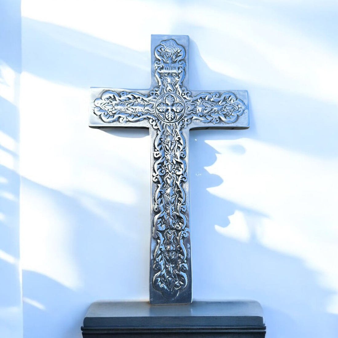 mexican wall cross, mexican wall crucifix, pewter wall cross, silver wall crosses, ornate silver wall cross, 16" tall wall cross, catholic gifts, catholic wedding gift, christian wedding gift cross, baptism gifts, first communion gift, confirmation gift, christening gift cross