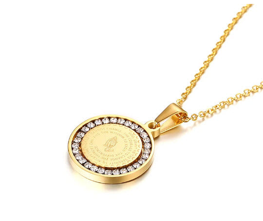 prayer warrior necklace, lord's prayer necklace, serenity prayer necklace, catholic gold pendant necklace, catholic gifts, catholic gift, christian gold pendant necklace, catholic jewelry, christian jewelry, 18k gold stainless steel gold pendant necklace,  Bible Verse Prayer Necklace Christian Jewelry Gold Stainless Steel Praying Hands Coin Medal Pendant