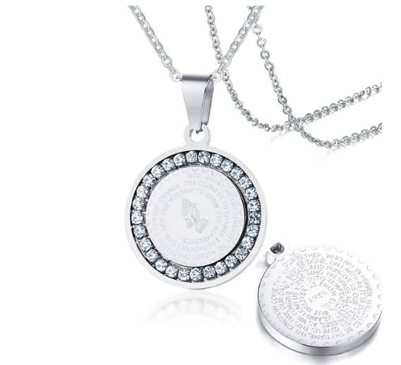 prayer warrior necklace, lord's prayer necklace, serenity prayer necklace, catholic silver pendant necklace, catholic gifts, catholic gift, christian silver pendant necklace, catholic jewelry, christian jewelry, stainless steel pendant necklace,  Bible Verse Prayer Necklace Christian Jewelry Gold Stainless Steel Praying Hands Coin Medal Pendant