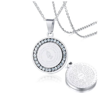 prayer warrior necklace, lord's prayer necklace, serenity prayer necklace, catholic silver pendant necklace, catholic gifts, catholic gift, christian silver pendant necklace, catholic jewelry, christian jewelry, stainless steel pendant necklace,  Bible Verse Prayer Necklace Christian Jewelry Gold Stainless Steel Praying Hands Coin Medal Pendant