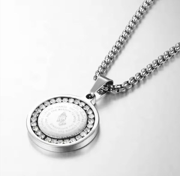 prayer warrior necklace, lord's prayer necklace, serenity prayer necklace, catholic silver pendant necklace, catholic gifts, catholic gift, christian silver pendant necklace, catholic jewelry, christian jewelry, stainless steel pendant necklace,  Bible Verse Prayer Necklace Christian Jewelry Gold Stainless Steel Praying Hands Coin Medal Pendant