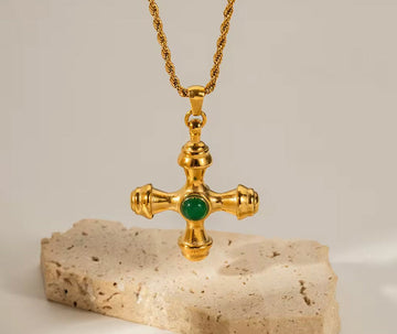 Pommee Cross Pendant Necklace Green Gemstone