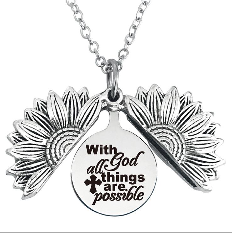 with god all things are possible necklace silver, catholic necklaces, christian necklaces, bible verse necklace, Jesus necklace, Sunflower neclace, catholic jewelry, christian jewelry