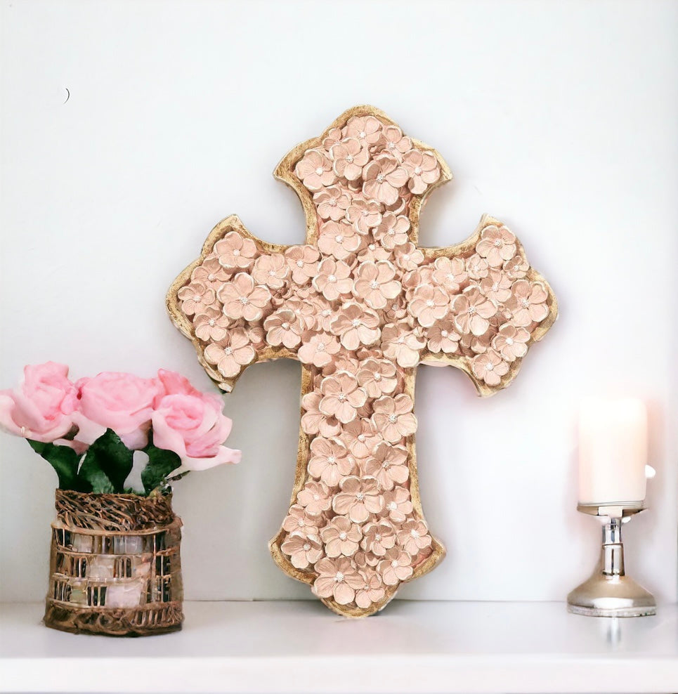 Pink 12" Wall Cross with flowers, Pink 12" Wall Cross with flowers, baby girl baptism gift, girl first communion gift, girl cross, floral cross, flower cross, flower floral wall cross, pink wall cross, catholic gift for her, catholic gift for mom, christian gift for her, christian gifts, catholic gifts, feminine cross