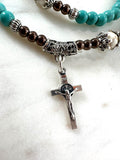 st benedict bracelet, st benedict jewelry, miraculous medal, catholic jewelry, christian jewelry, christian bracelet, saint bracelet, saints jewelry, saint benedict jewelry, turquoise wrap bracelet, cross bracelet, catholic gift for her, christian bracelets