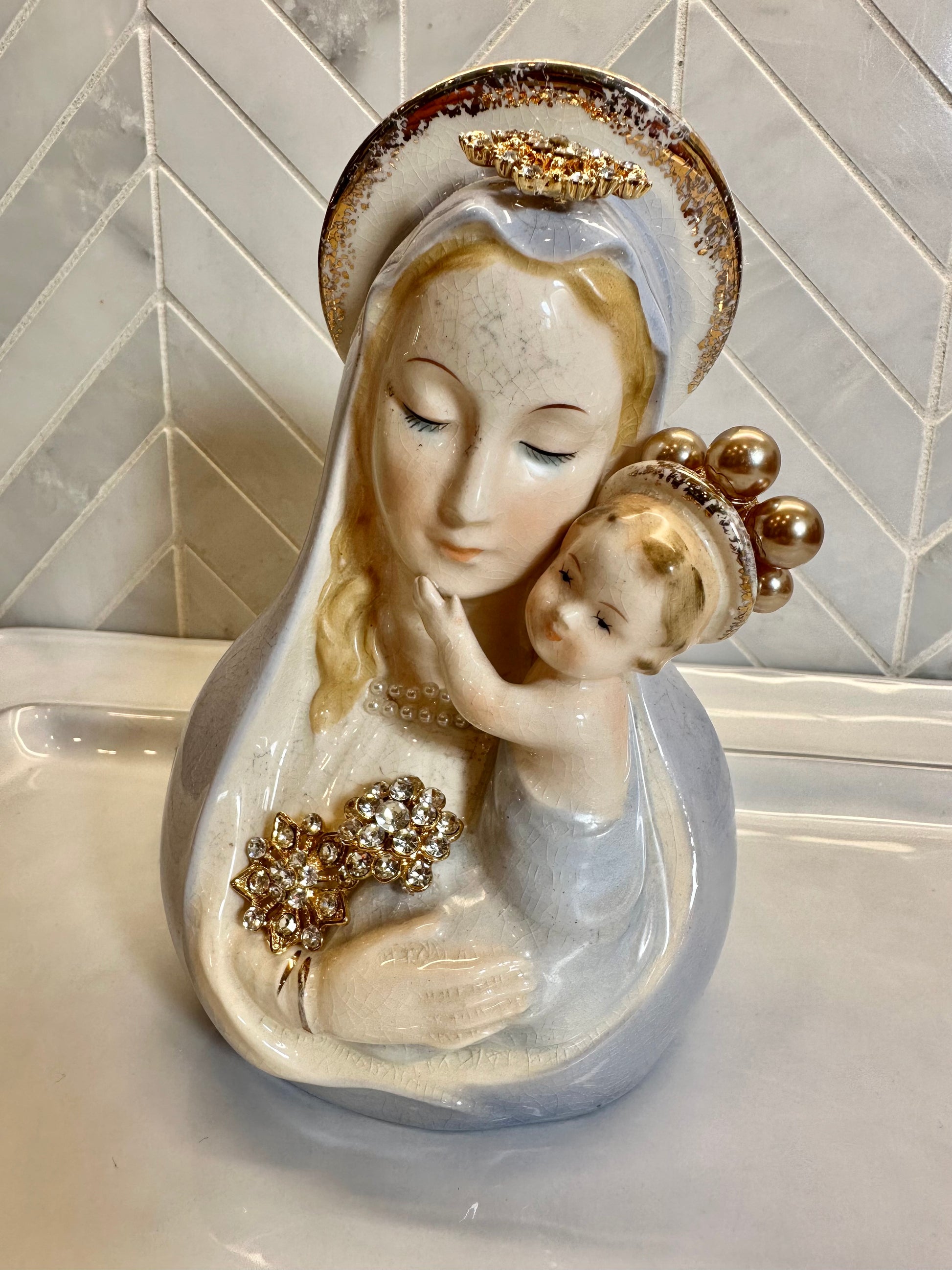 One Of A Kind Vintage Antique Virgin Mary Bust Figurine Vase Planter