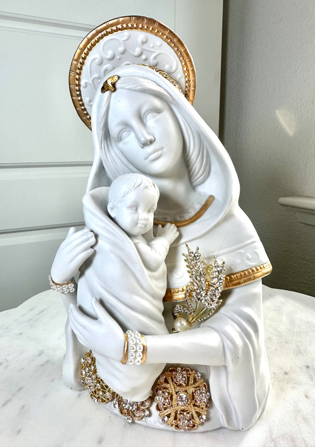 Vintage Mary Bust Porcelain, Embellished mary, antique mary statue, antique porcelain statue mary