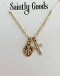 virgin mary necklace, gold mary necklace, gold mary jewelry, madonna necklace, blessed mother, baptism gift, communion gift for her, confirmation gift for her, miraculous medal necklace, dainty tiny virgin mary necklace, religious necklace, protection necklace, catholic jewelry, catholic gifts for her, christian gift for her, crystal cross, 14k gold mary necklace, mother's day gift, christian birthday gift, catholic birthday gift, mary necklace