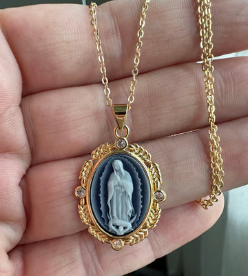 virgin mary pendant necklace for women, gold virgin mary medallion necklace, vintage virgin mary necklace, virgin mary necklace with crystal accents, catholic virgin mary prayer necklace, virgin mary necklace for first communion, handmade virgin mary medal necklace, french blue cameo virgin mary guadalupe necklace, daintly virgin mary layered necklace, oval virgin mary necklace, catholic gifts for her, catholic gifts women