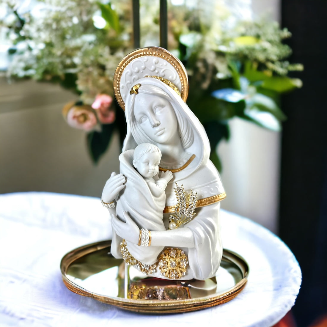 Vintage Mary Bust Porcelain, Embellished mary, antique mary statue, antique porcelain statue mary