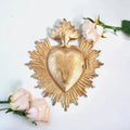 Sacred Heart Vintage Milagro Gold Medallian Ex-voto, Catholic Gift, Heart Flame Ornament, Prayer Box Gold, Catholic Wedding Gift, Catholic Baptism Gift, First Communion Gift, Confirmation Gift, Sacred Heart Of Jesus Decor, ex voto, ex-voto, antique heart