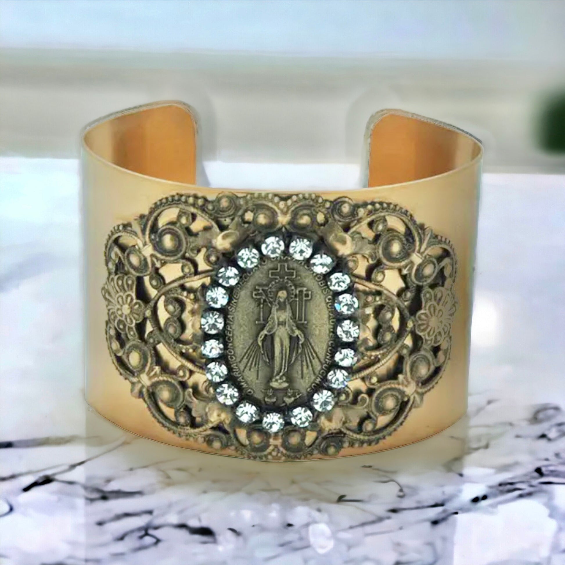 VIntage Cuff Bracelet Swarovski Crystal Virgin Mary Miraculous Medal, catholic jewelry, catholic bracelet, miraculous medal jewelry