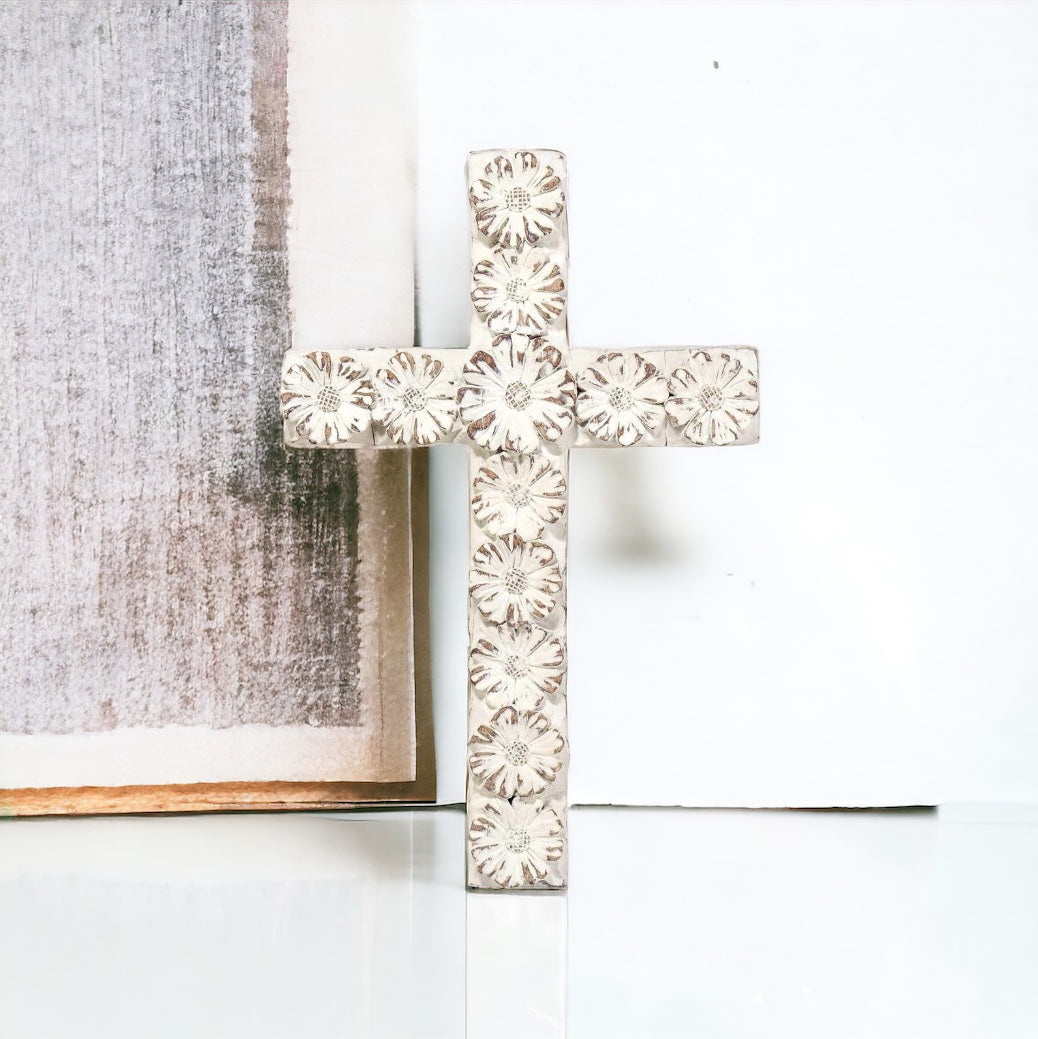white wall cross, farmhouse cross, rustic cross, distressed cross, wedding cross, wedding gift, baptism gift, baptismal gift, christening gift, first communion, confirmation, nursery decor, baby room, flower cross, catholic gifts, christian gifts