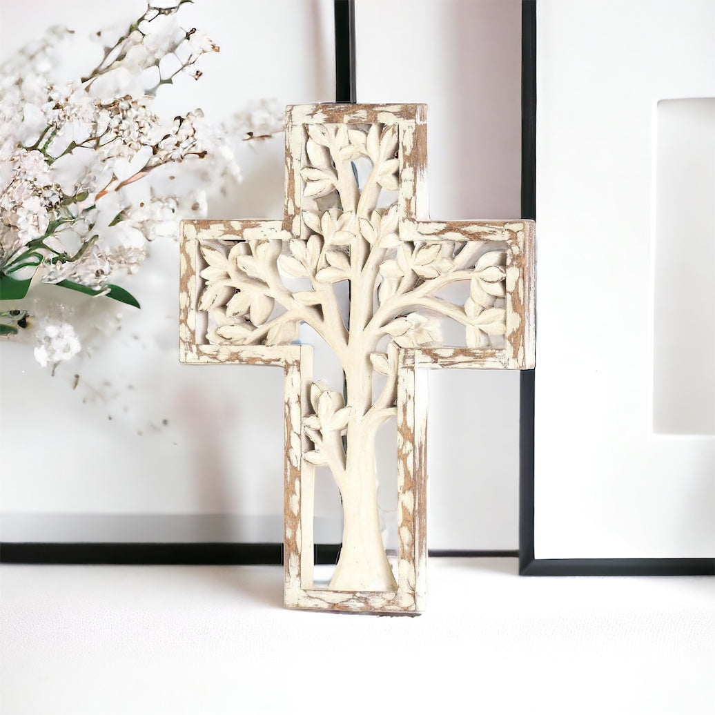 tree of life, tree wall cross, farmhouse cross, rustic wall cross, rustic cross, white wall cross, distressed cross, carved wood cross, catholic gifts, christian gifts, christian decor, catholic decor, wood wall cross, baptism gift, christening gift, wedding gift christian, first communion gift, confirmation gift, easter gift, Lent
