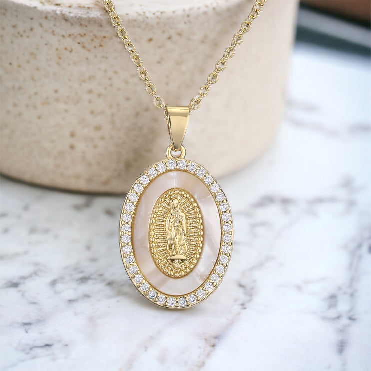 Virgin Mary Mother of Pearl Pendant Necklace - Main Image