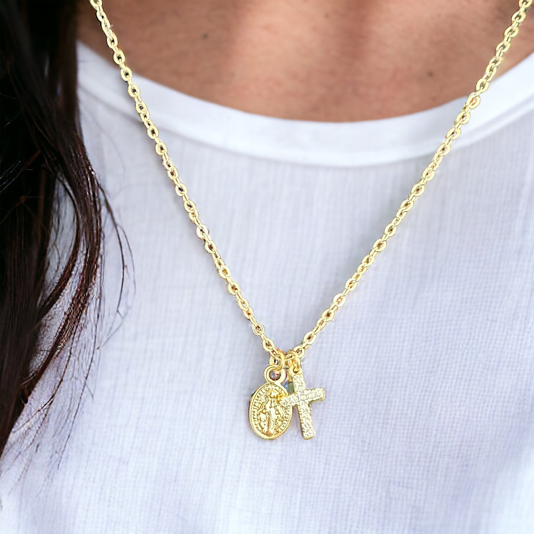 virgin mary necklace, gold mary necklace, gold mary jewelry, madonna necklace, blessed mother, baptism gift, communion gift for her, confirmation gift for her, miraculous medal necklace, dainty tiny virgin mary necklace, religious necklace, protection necklace, catholic jewelry, catholic gifts for her, christian gift for her, crystal cross, 14k gold mary necklace, mother's day gift, christian birthday gift, catholic birthday gift, mary necklace, tiny cross necklace, tiny cross saint charm necklace