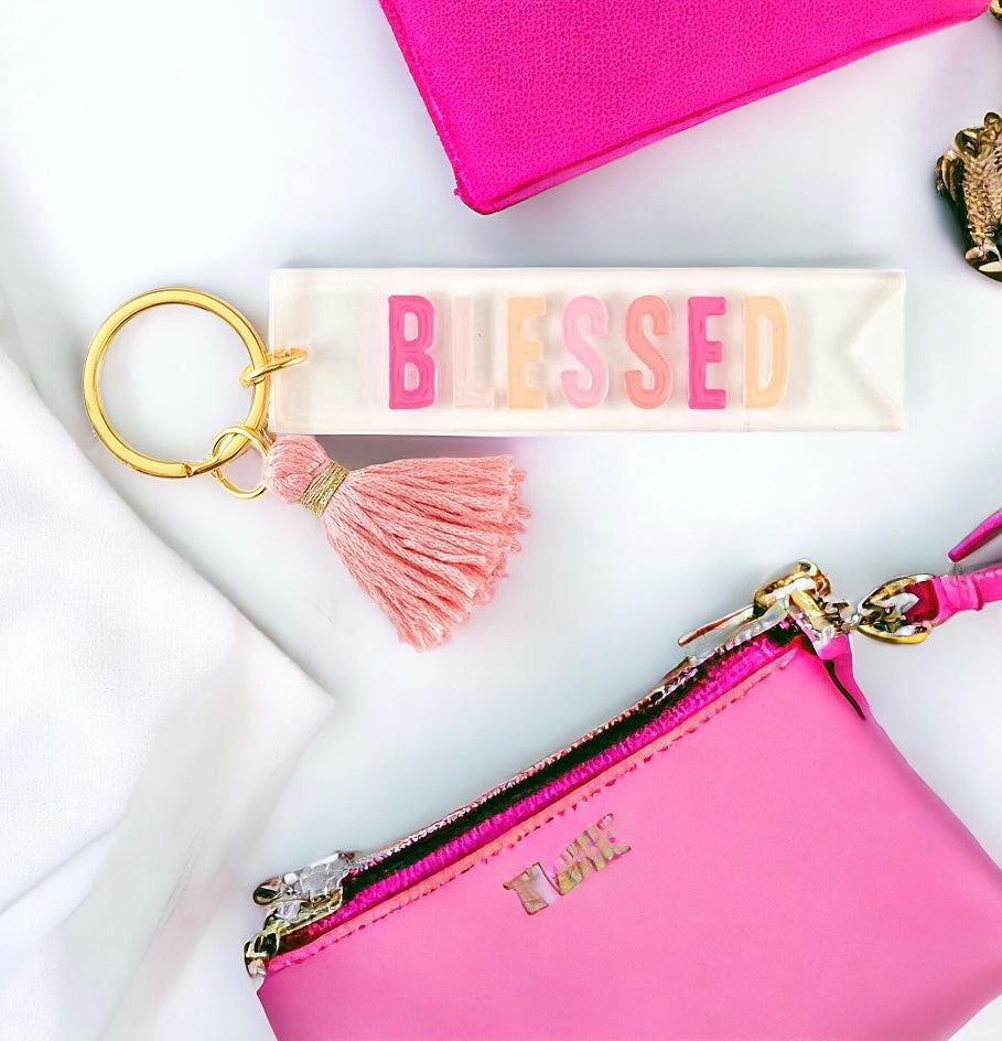 Blessed keychain, christian keychain, blessed keytag, pink keychain, acrylic keychain, tassle keychain, christian gifts, christian stocking stuffer, catholic gifts, catholic gifts for her, catholic gift, new driver gift