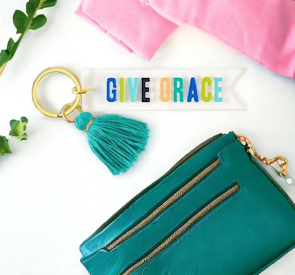 Give Grace keychain, Blessed keychain, christian keychain, blessed keytag, pink keychain, acrylic keychain, tassle keychain, christian gifts, christian stocking stuffer, catholic gifts, catholic gifts for her, catholic gift, new driver gift