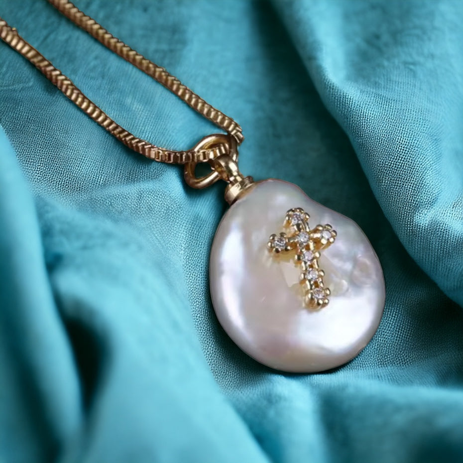 Dainty Mother of Pearl Pave Crystal Cross Necklace