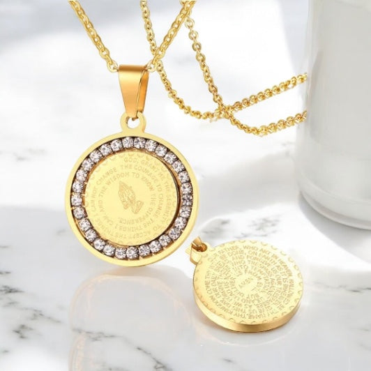 prayer warrior necklace, lord's prayer necklace, serenity prayer necklace, catholic gold pendant necklace, catholic gifts, catholic gift, christian gold pendant necklace, catholic jewelry, christian jewelry, 18k gold stainless steel gold pendant necklace,  Bible Verse Prayer Necklace Christian Jewelry Gold Stainless Steel Praying Hands Coin Medal Pendant