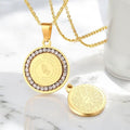 prayer warrior necklace, lord's prayer necklace, serenity prayer necklace, catholic gold pendant necklace, catholic gifts, catholic gift, christian gold pendant necklace, catholic jewelry, christian jewelry, 18k gold stainless steel gold pendant necklace,  Bible Verse Prayer Necklace Christian Jewelry Gold Stainless Steel Praying Hands Coin Medal Pendant