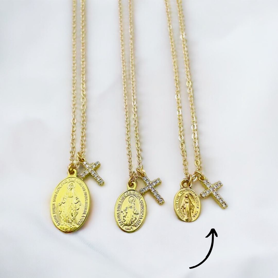 virgin mary necklace, gold mary necklace, gold mary jewelry, madonna necklace, blessed mother, baptism gift, communion gift for her, confirmation gift for her, miraculous medal necklace, dainty tiny virgin mary necklace, religious necklace, protection necklace, catholic jewelry, catholic gifts for her, christian gift for her, crystal cross, 14k gold mary necklace, mother's day gift, christian birthday gift, catholic birthday gift, mary necklace