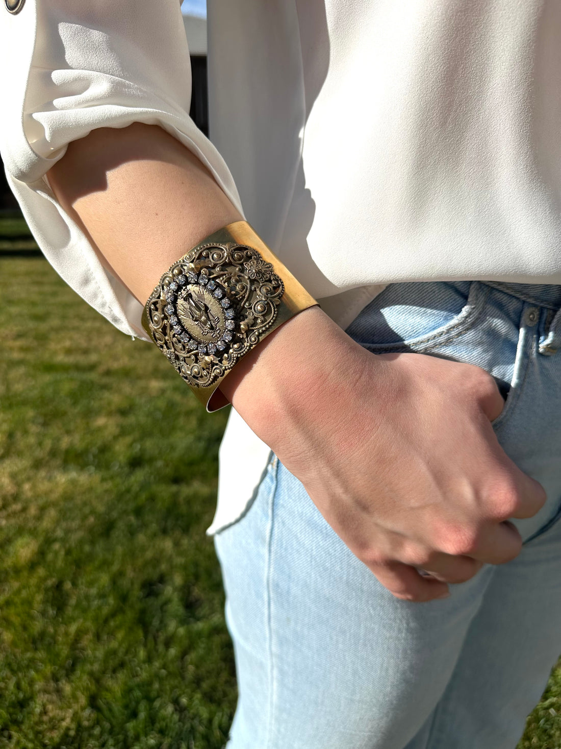 VIntage Cuff Bracelet Swarovski Crystal Virgin Mary Miraculous Medal, catholic jewelry, catholic bracelet, miraculous medal jewelry