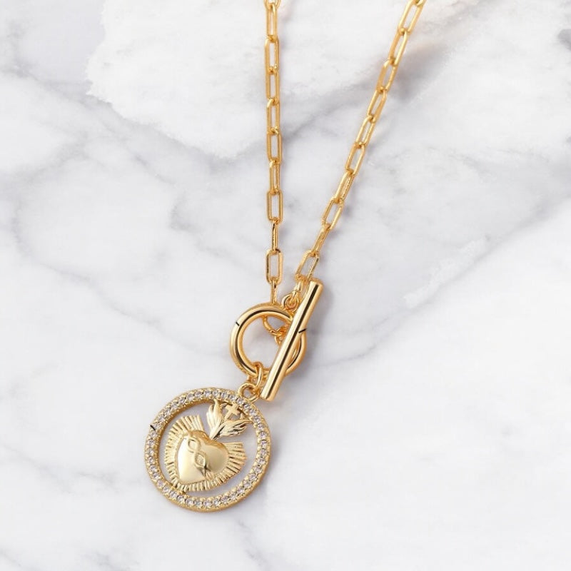 dainty 18k gold sacred heart pendant necklace, flaming heart gold necklace