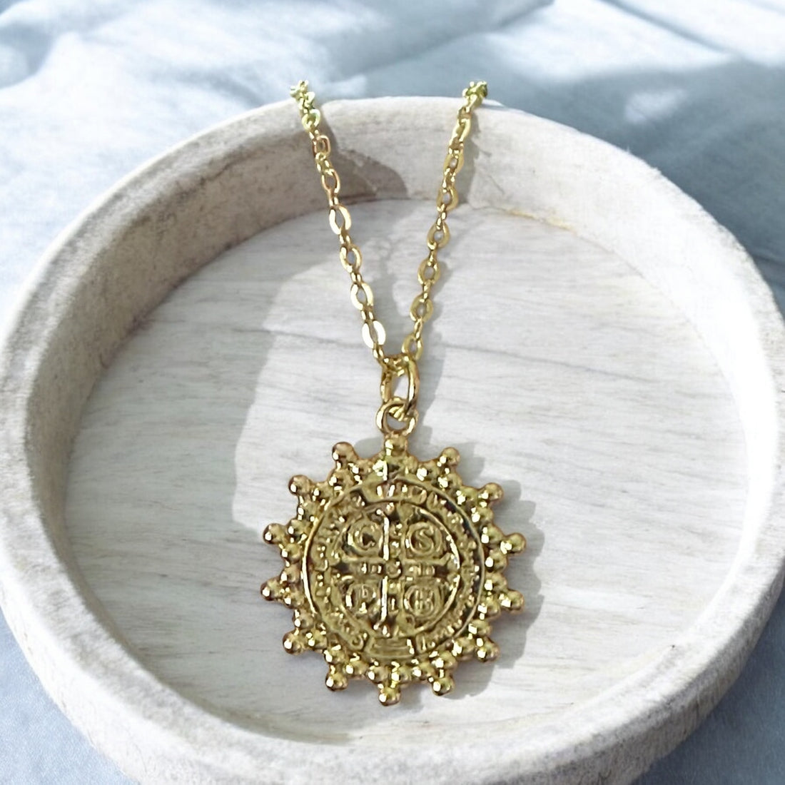 18K Gold & Mother Of Pearl Dainty St. Benedict Necklace