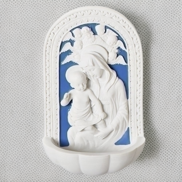 della robbia madonna virgin mary child baby water font, catholic water font gift, catholic gifts, italian style madonna water font virgin mary, blue and white water font mary, catholic gifts, catholic bridal gift, new mother catholic mom gift