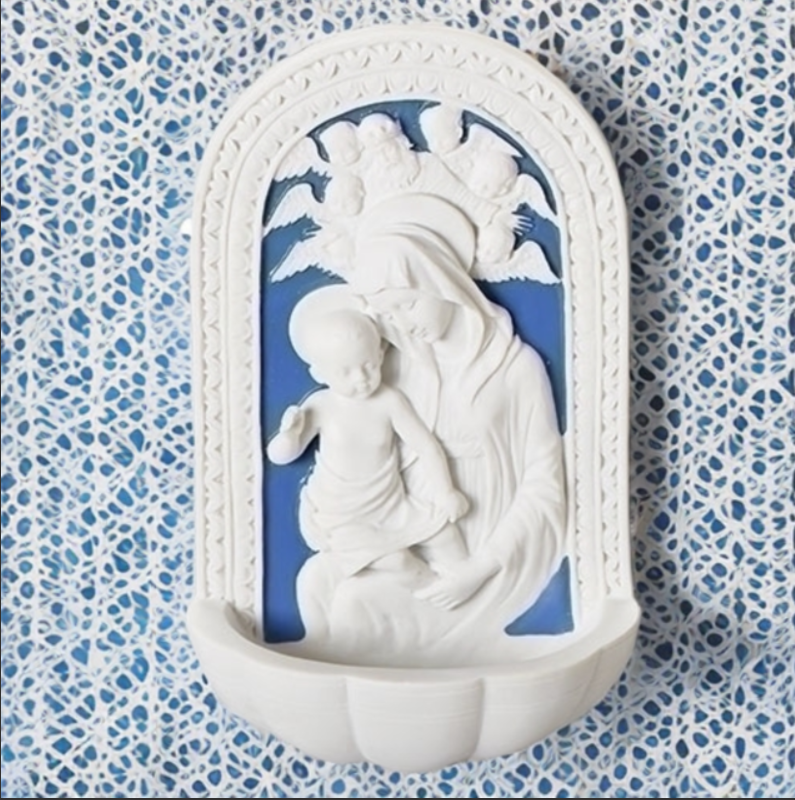 della robbia madonna virgin mary child baby water font, catholic water font gift, catholic gifts, italian style madonna water font virgin mary, blue and white water font mary, catholic gifts, catholic bridal gift, new mother catholic mom gift