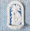 della robbia madonna virgin mary child baby water font, catholic water font gift, catholic gifts, italian style madonna water font virgin mary, blue and white water font mary, catholic gifts, catholic bridal gift, new mother catholic mom gift
