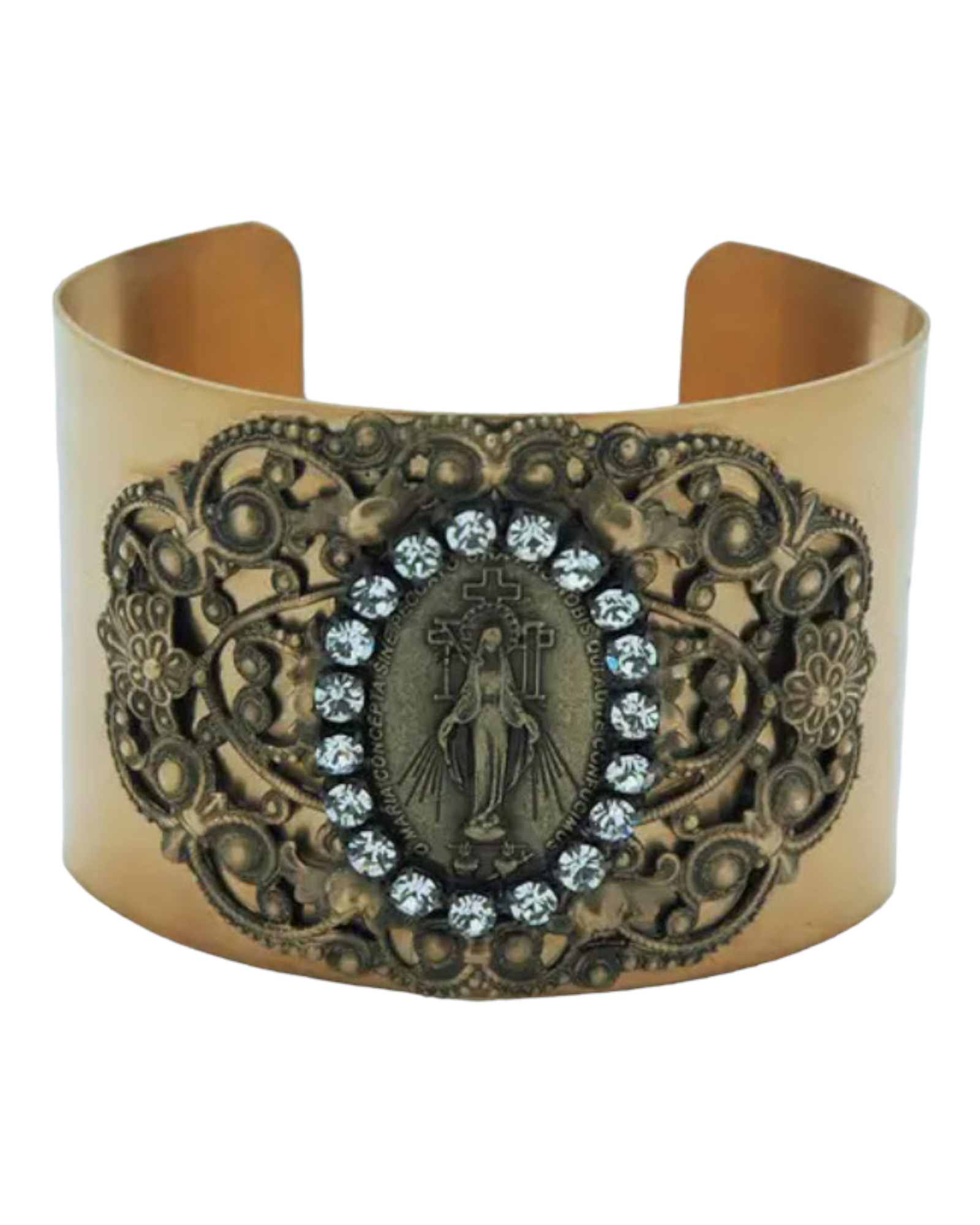 VIntage Cuff Bracelet Swarovski Crystal Virgin Mary Miraculous Medal, VIntage Cuff Bracelet Swarovski Crystal Virgin Mary Miraculous Medal, catholic jewelry, catholic bracelet, miraculous medal jewelry