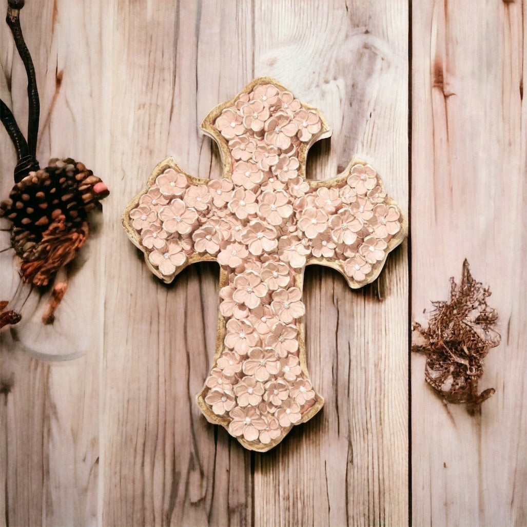 Pink 12" Wall Cross with flowers, baby girl baptism gift, girl first communion gift, girl cross, floral cross, flower cross, flower floral wall cross, pink wall cross, catholic gift for her, catholic gift for mom, christian gift for her, christian gifts, catholic gifts, feminine cross