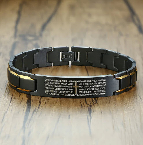 stainless steel men's bracelet the lord's prayer, christian men's bracelet, catholic men's gift, godson gift, gift for godson, father's day gift, men's birthday gift christian catholic, the lords prayer bracelet, black and gold stainless steel mens bracelet, catholic gifts for men, our father bracelet for men, scripture verse bracelet men, lords prayer bracelet