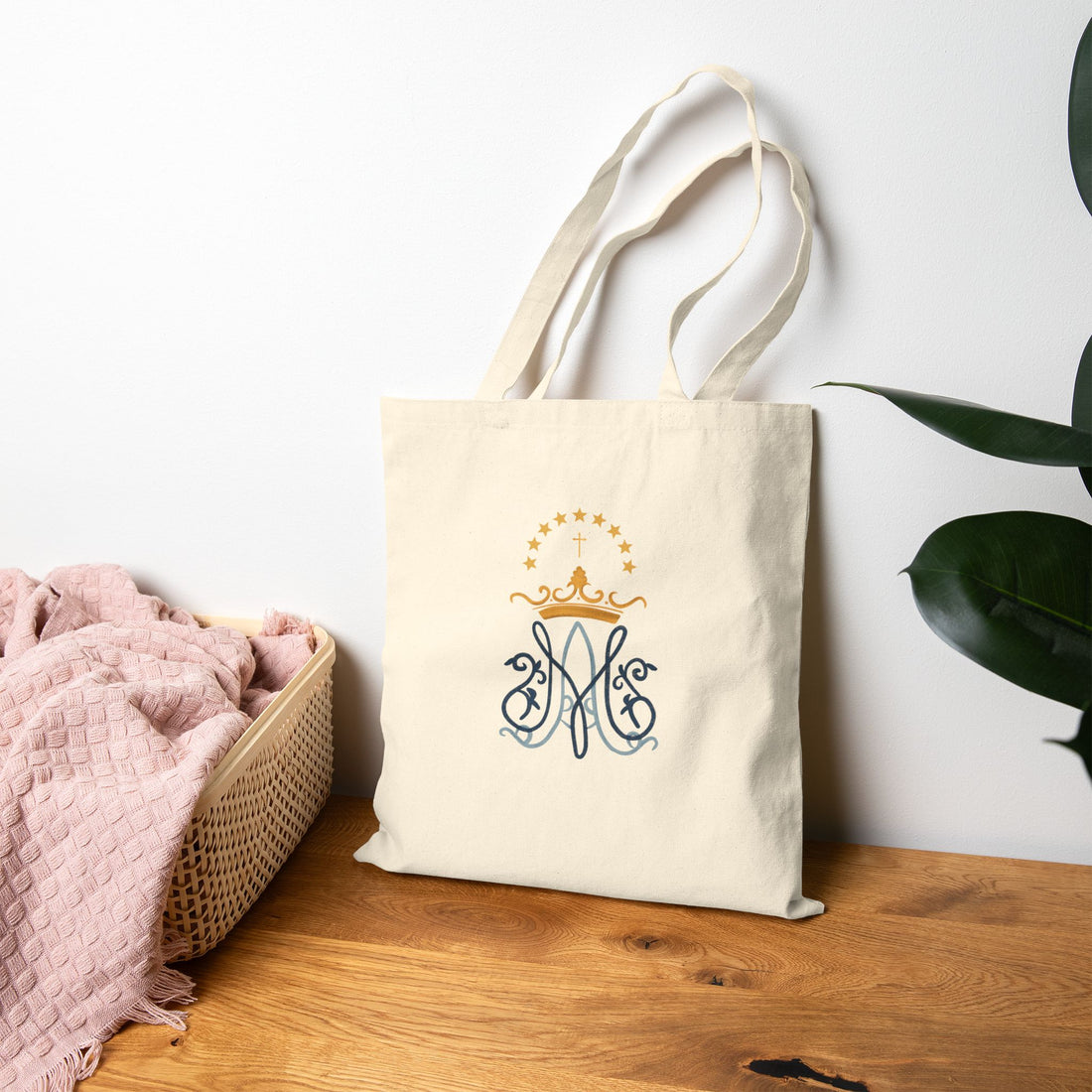 virgin mary monogram cotton tote, catholic gifts, mary tote, blessed mother tote, virgin mary bag, blessed mother bag