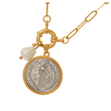 st. benedict necklace, saint benedict charm pendant necklace, paper clip chain necklace, catholic necklace, catholic dainty necklace, st benedict medal necklace gold