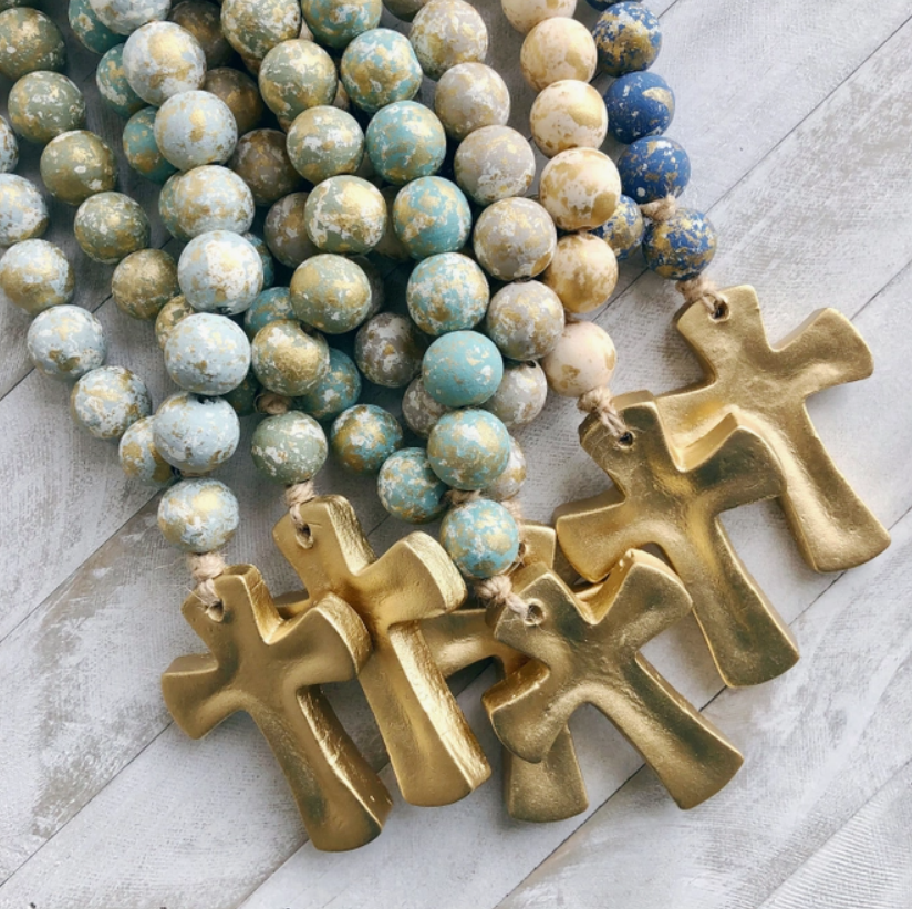 baby shower gift, wedding shower gift, housewarming gift, baptism gift, decorative beads, decorative cross, prayer beads, farmhouse beads, wood bead garland, coffee table beads, prayer bead cross