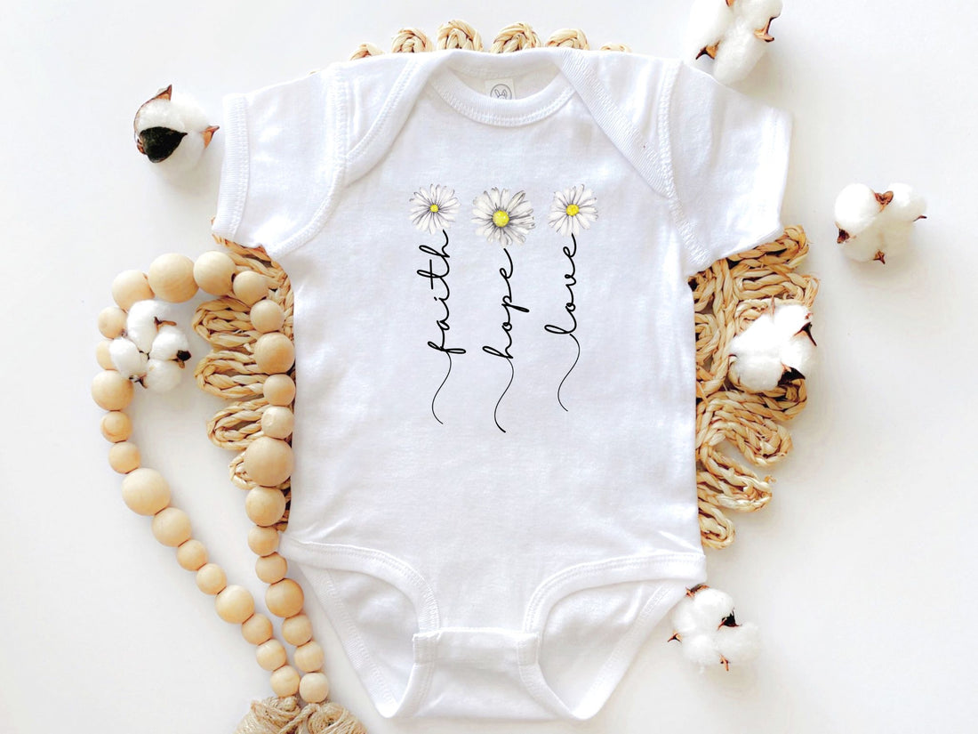 White Baby Onesie bodysuit Faith Hope Love Christian