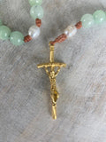 Handmade Gemstone Rosary Green Fresh Water Pearls Gold Cross