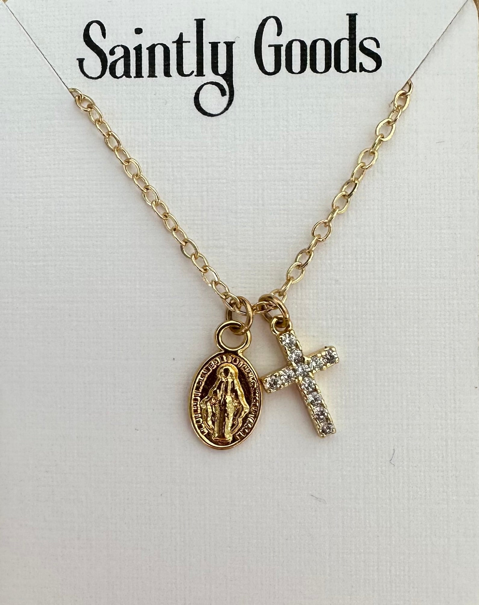 virgin mary necklace, gold mary necklace, gold mary jewelry, madonna necklace, blessed mother, baptism gift, communion gift for her, confirmation gift for her, miraculous medal necklace, dainty tiny virgin mary necklace, religious necklace, protection necklace, catholic jewelry, catholic gifts for her, christian gift for her, crystal cross, 14k gold mary necklace, mother's day gift, christian birthday gift, catholic birthday gift, mary necklace