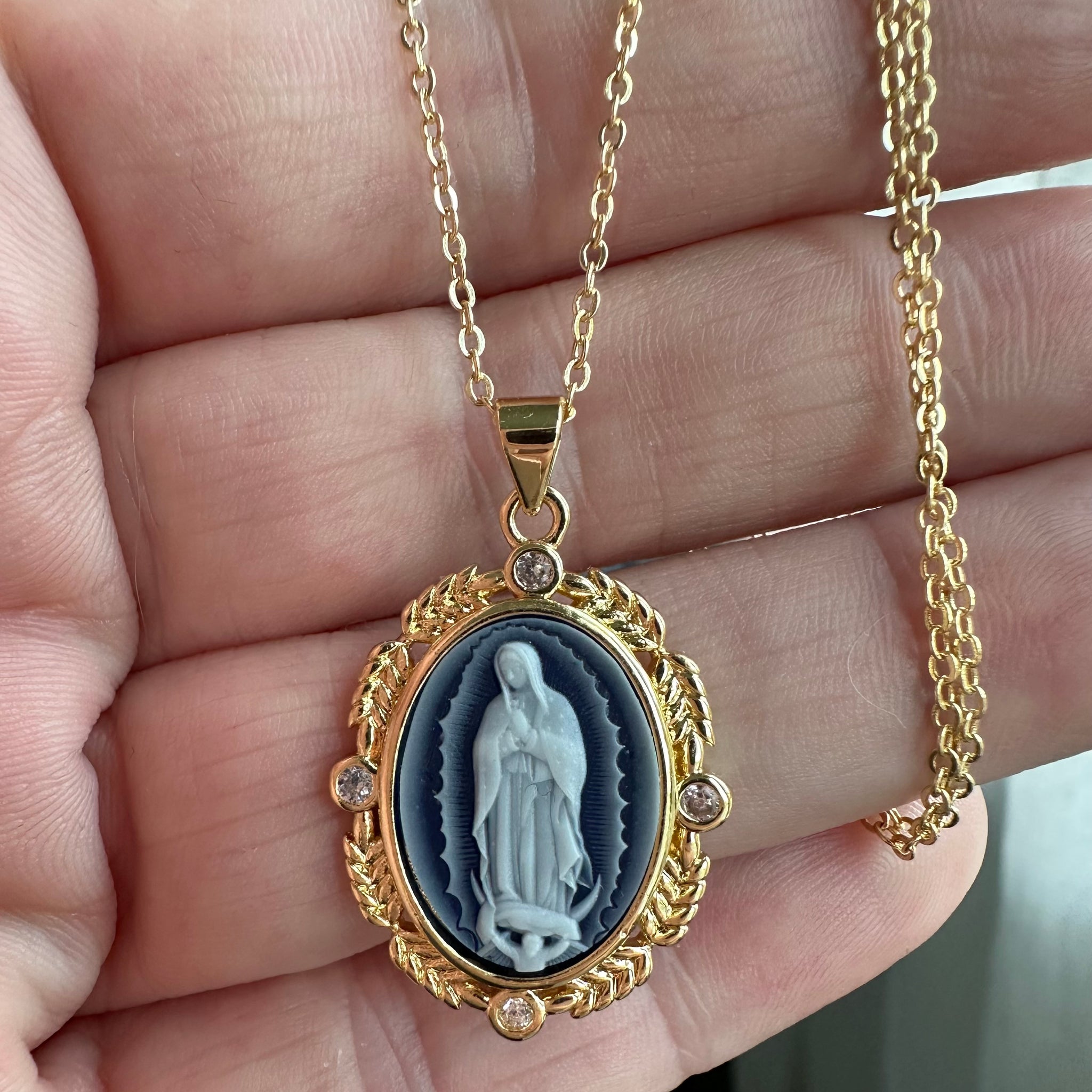 virgin mary pendant necklace for women, gold virgin mary medallion necklace, vintage virgin mary necklace, virgin mary necklace with crystal accents, catholic virgin mary prayer necklace, virgin mary necklace for first communion, handmade virgin mary medal necklace, french blue cameo virgin mary guadalupe necklace, daintly virgin mary layered necklace, oval virgin mary necklace, catholic gifts for her, catholic gifts women
