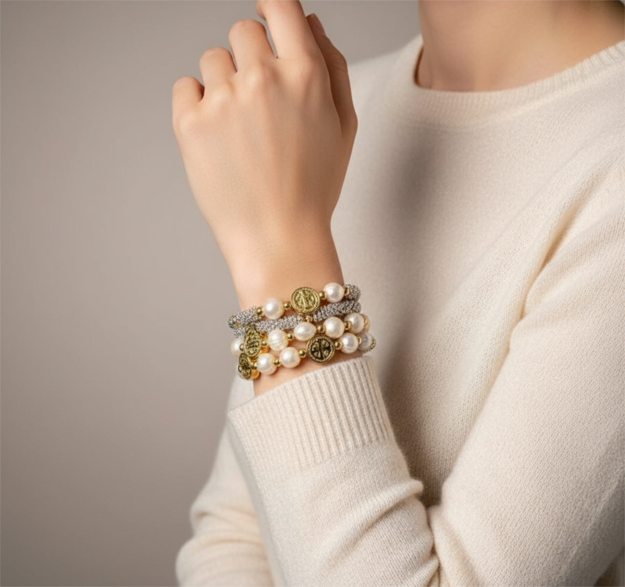 St Benedict Stackable Stretch Bracelet Saint Benedict Bracelet San Benito Catholic Gifts For Her Mother of Pearl Bracelet Fresh Water Pearl