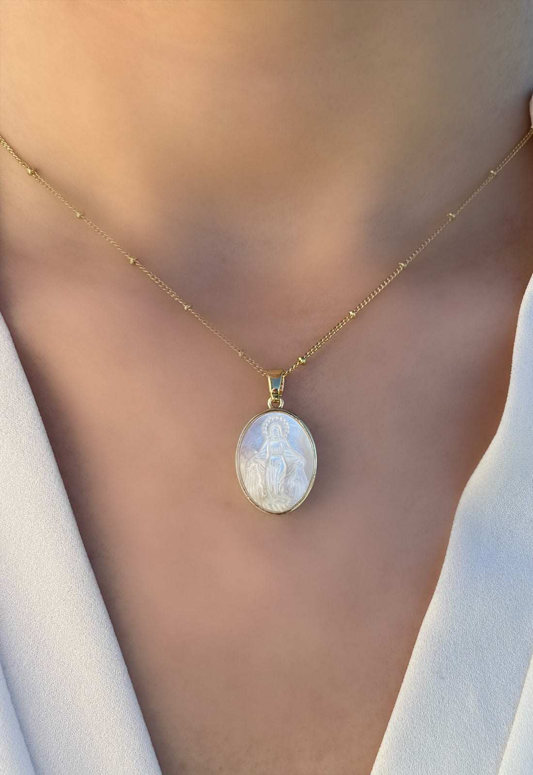 Mother of Pearl Virgin Mary Pendant Necklace