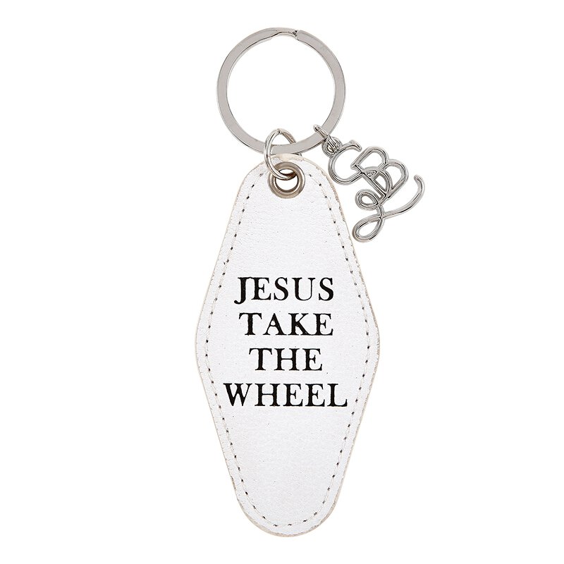 Jesus take the wheel keychain, Jesus take the wheel, catholic gifts, christian gifts, christian stocking stuffer, catholic stocking stuffer, christian christmas gifts, vintage leather keychain, white leather keychain