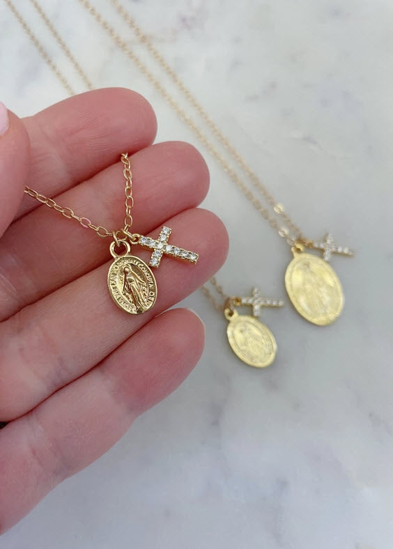 virgin mary necklace, gold mary necklace, gold mary jewelry, madonna necklace, blessed mother, baptism gift, communion gift for her, confirmation gift for her, miraculous medal necklace, dainty tiny virgin mary necklace, religious necklace, protection necklace, catholic jewelry, catholic gifts for her, christian gift for her, crystal cross, 14k gold mary necklace, mother's day gift, christian birthday gift, catholic birthday gift, mary necklace, tiny cross necklace, tiny cross saint charm necklace