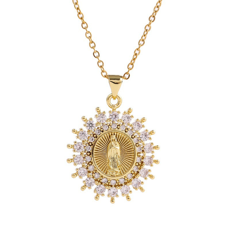 Cubic Zirconia Gold Plated Virgin Mary Coin Pendant Necklace