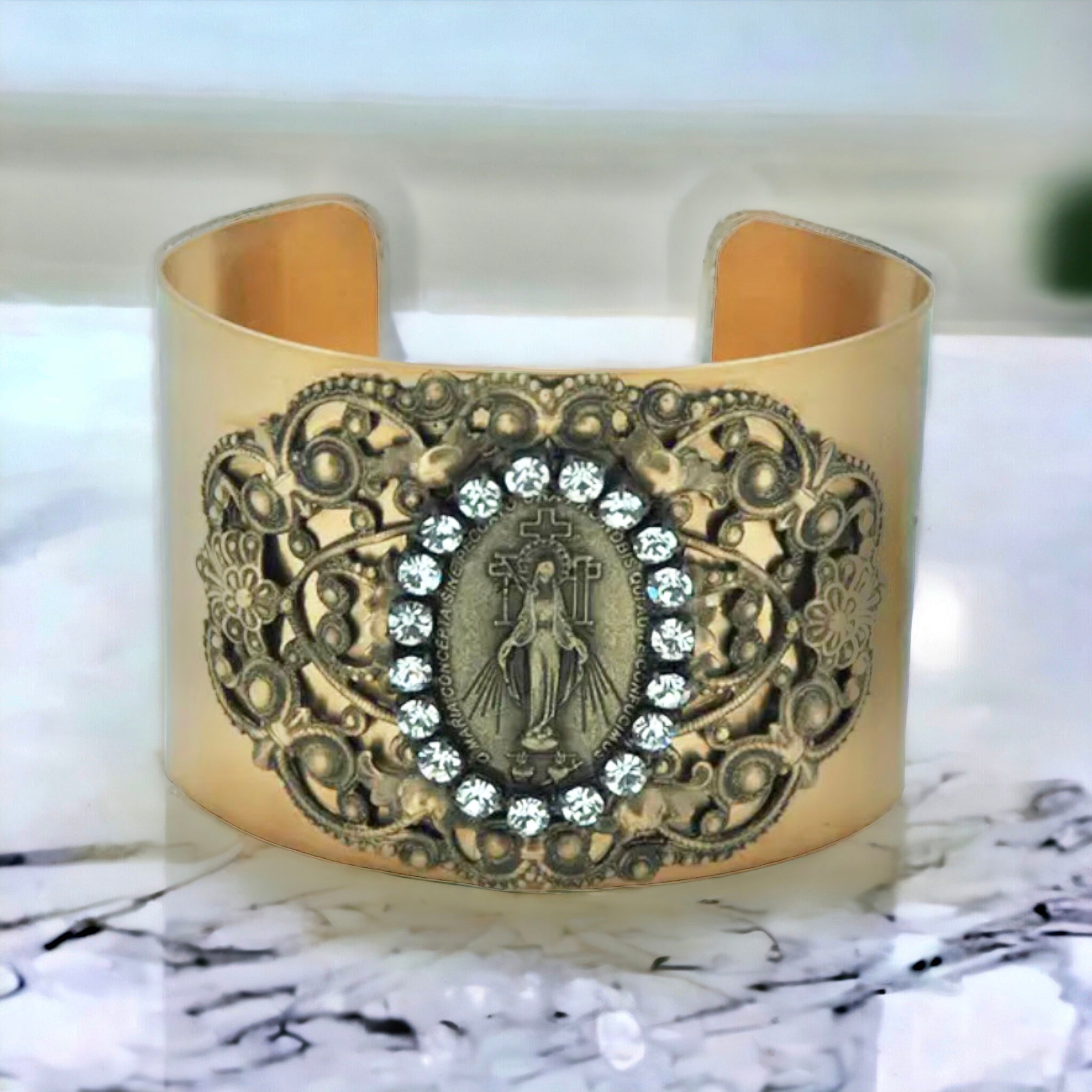 VIntage Cuff Bracelet Swarovski Crystal Virgin Mary Miraculous Medal, catholic jewelry, catholic bracelet, miraculous medal jewelry