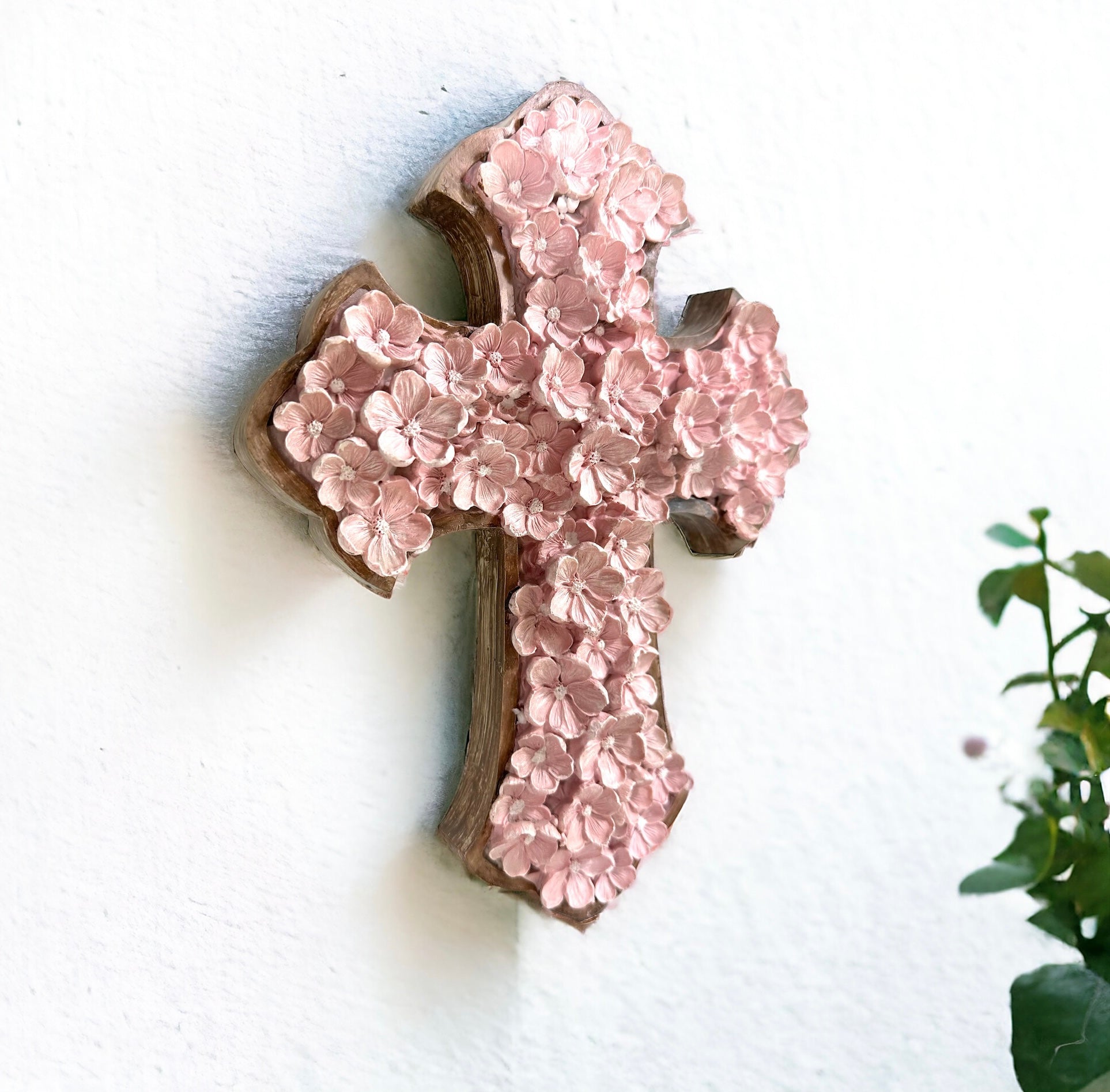 Pink 12" Wall Cross with flowers, Pink 12" Wall Cross with flowers, baby girl baptism gift, girl first communion gift, girl cross, floral cross, flower cross, flower floral wall cross, pink wall cross, catholic gift for her, catholic gift for mom, christian gift for her, christian gifts, catholic gifts, feminine cross